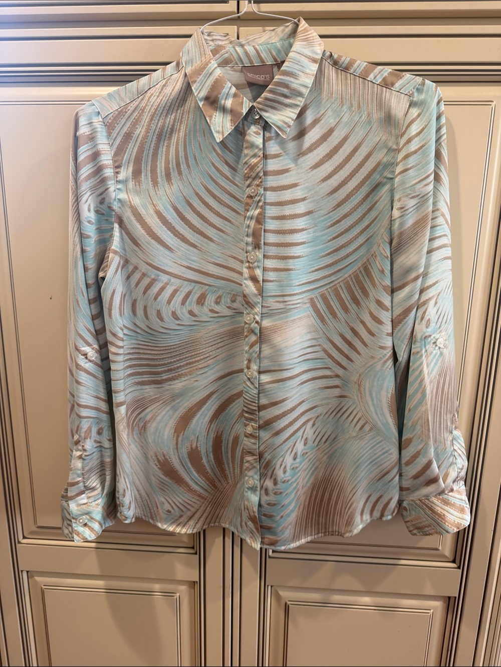 Chico's Aqua & Taupe Swirl-Pattern Button Down Shirt